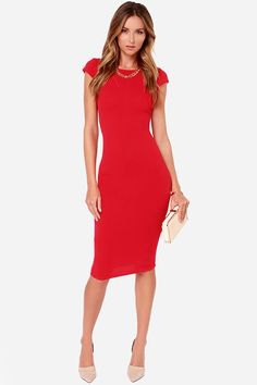 Red Cap Sleeve Bodycon Midi Dress with White Clutch Wallet