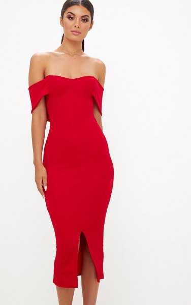 Red Strapless Midi Slit Dress