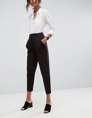 white button down shirt and black cropped chinos