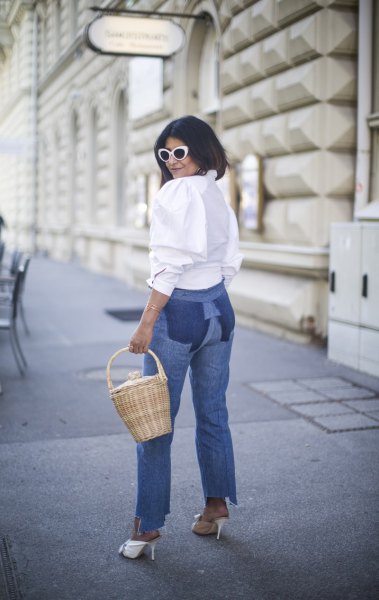 White Button Up Blouse Mom Jeans