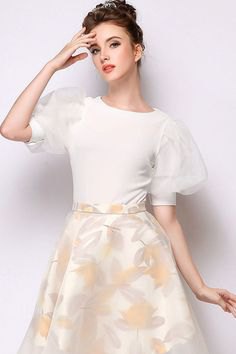 white, two-tone skirt with puff sleeves