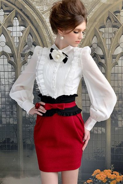 white blouse with puff sleeves, red, figure-hugging mini skirt