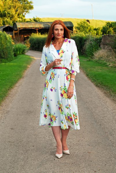 White Belted Long Sleeve Floral Print Midi Dress
