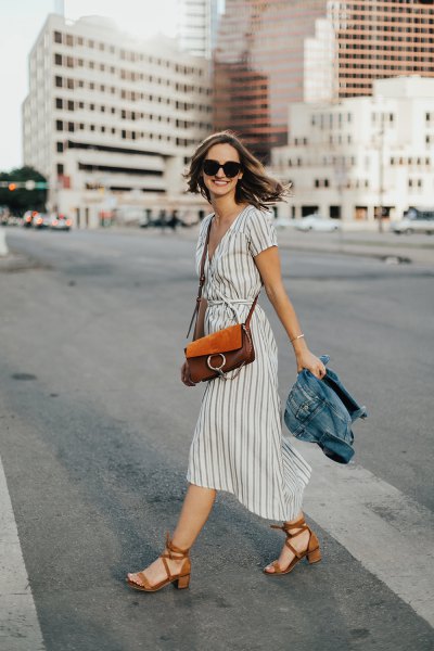 Gray and White Gathered Waist Midi Dress with Red Heels