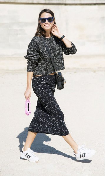 heather gray sweater with knitted midi skirt