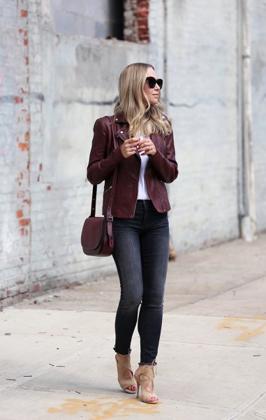 Burgundy jacket with a white t-shirt and light pink cut-out heels