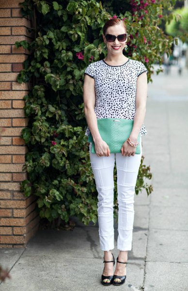 black and white patterned short-sleeved t-shirt with cropped pants