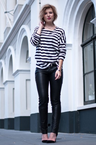 black and white striped long sleeve t-shirt with leather leggings