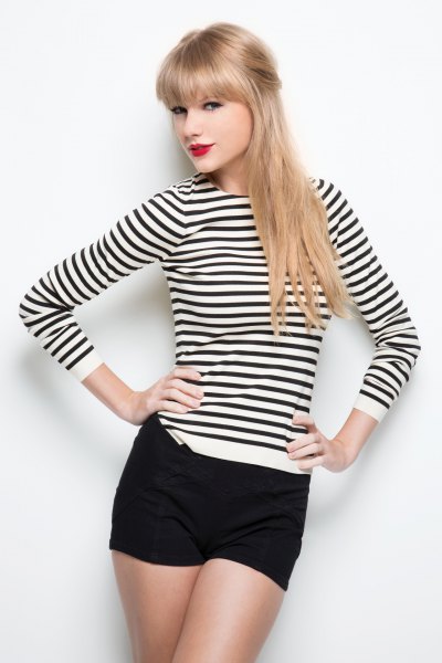 long sleeve striped black and white top with mini shorts