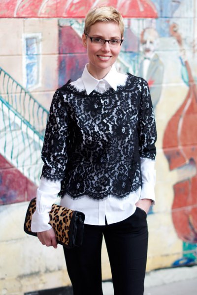 black half-sleeved white lace blouse shirt with buttons