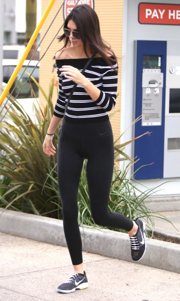 black and white horizontal striped shoulder sweater with windbreaker tights