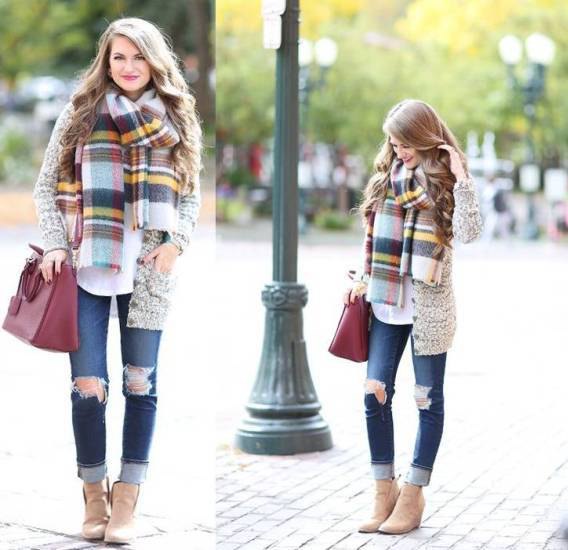 heather gray scarf with a colorful checkered scarf