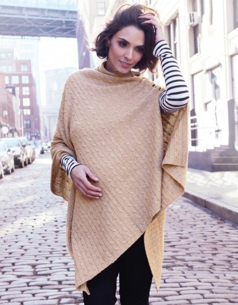 Cable knit camel scarf with black and white striped long sleeve t-shirt
