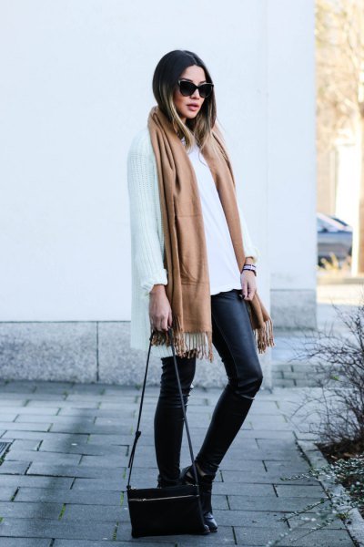 Camel long scarf with white oversized scarf and leather leggings