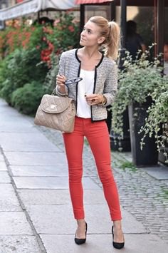 Tweed jacket white top red jeans