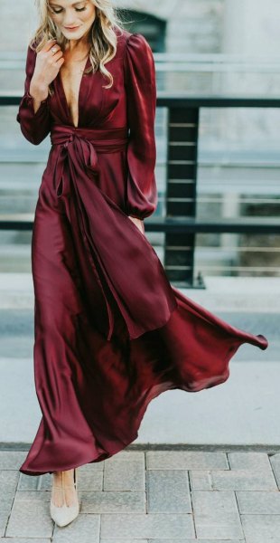 burgundy long wrap dress
