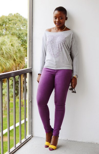 Light Gray Boat Neck Long Sleeve T-Shirt and Purple Jeans