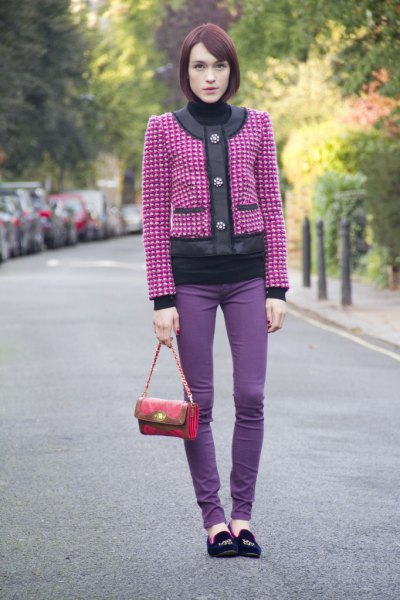 pink and silver studded jacket with purple skinny jeans