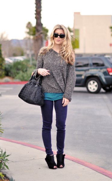 heather grey, thick sweater with purple jeans and suede boots