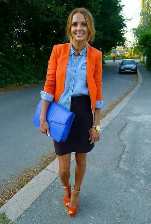best orange blazer with light blue chambray shirt and pencil skirt