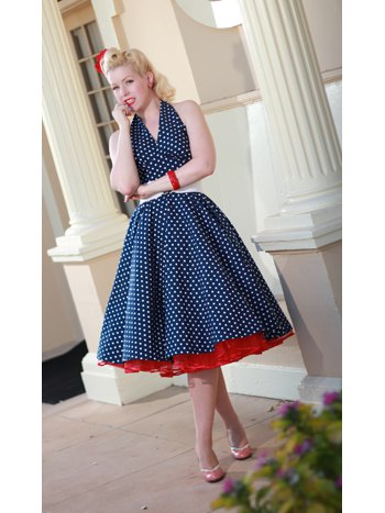 1950's style navy and white polka dot halter swing dress