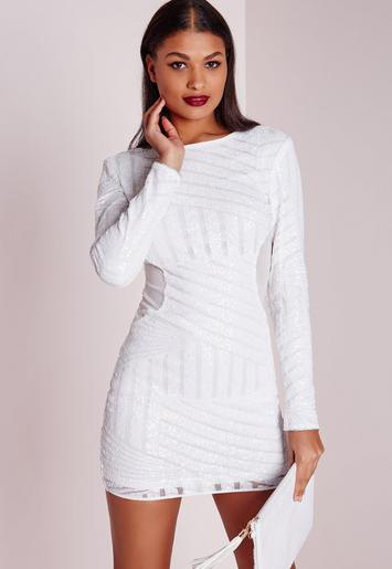 White Subtle Pattern Long Sleeve Bodycon Mini Dress