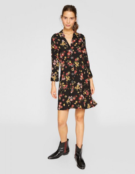 Black Floral V Neck Long Sleeve Mini Dress With Leather Boots