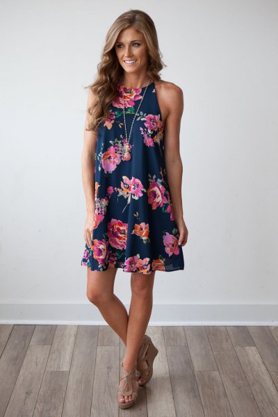 Dark blue floral mini swing dress and nude heeled sandals