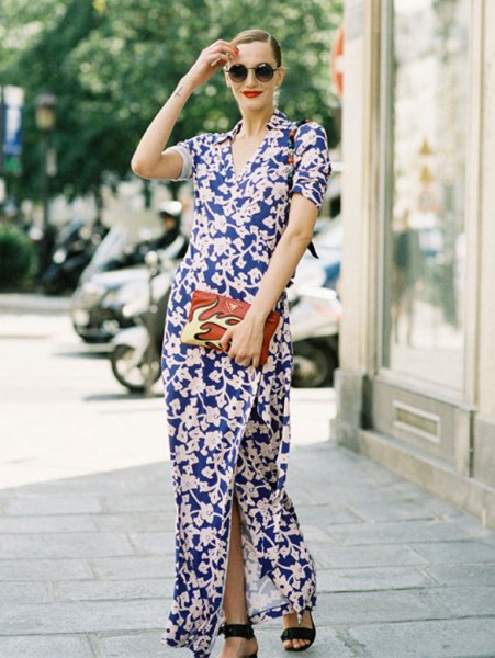 dark blue and white maxi dress with side slit and open toe heels
