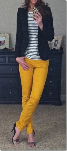 yellow skinny jeans black and white striped t-shirt blazer