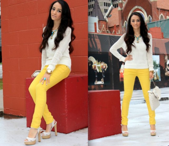white knit sweater yellow skinny jeans