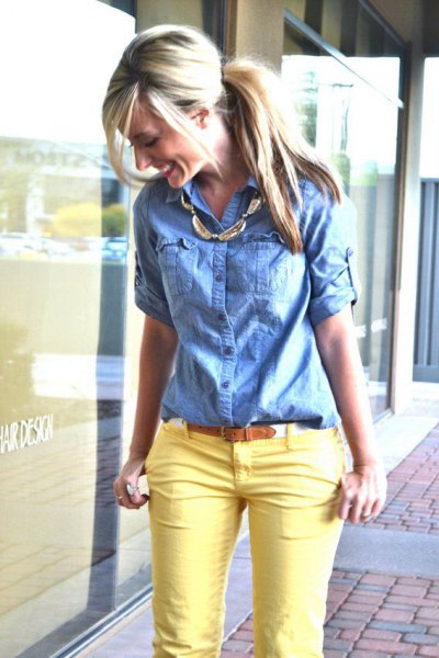 Denim shirt yellow skinny jeans