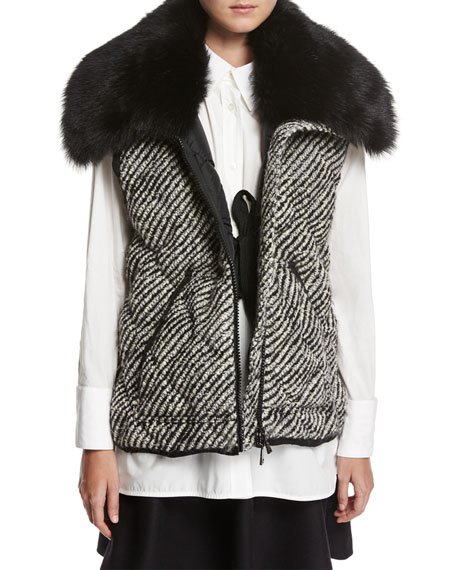 Quilted faux fur tweed waistcoat, white blouse