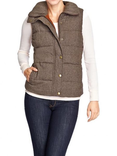 gray quilted tweed waistcoat white slim fitting long sleeve t-shirt