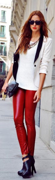 white sweater with tailored blazer and leather leggings