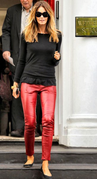 Black Long Sleeve Ruffle Bodycon T-Shirt and Red Pants