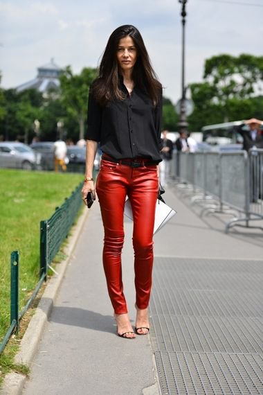 black button down shirt and red skinny leather pants