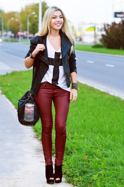 black leather blazer with matching red drainpipe pants