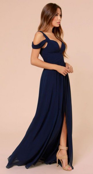 Dark Blue Deep V-Neck Cold Shoulder Maxi Dress with High Slit