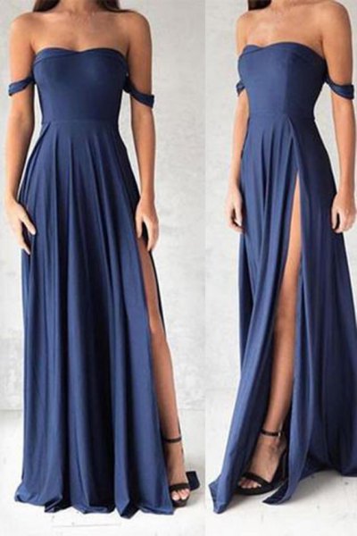 Fit and flare maxi navy blue dress with open toe black heels