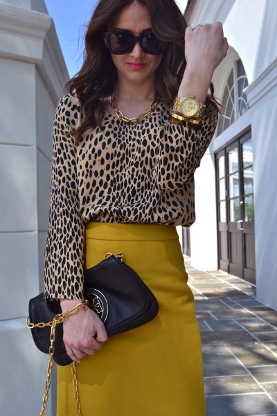 Leopard print blouse and mustard yellow high waist midi skirt