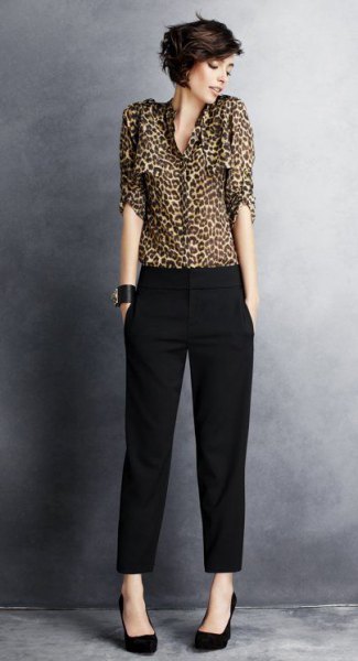 Black, straight-cut suit trousers with ballerina flats