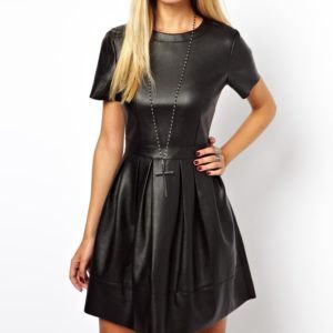two-piece leather skater dress with short sleeves