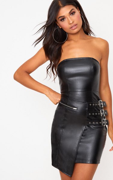 black leather pipe dress zipper front detials
