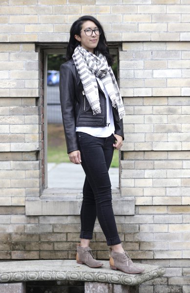 gray white striped scarf chukka boots leather jacket