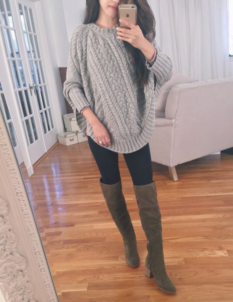 gray chunky knit sweater with knitted sweater