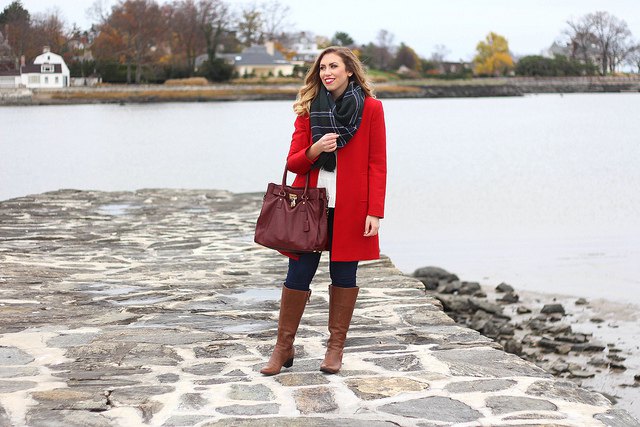 brown leather boots bright red long wool coat