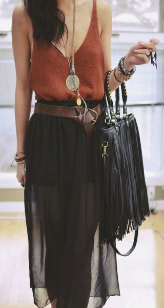 green scoop neck vest top, black chiffon midi skirt and fringed leather bag
