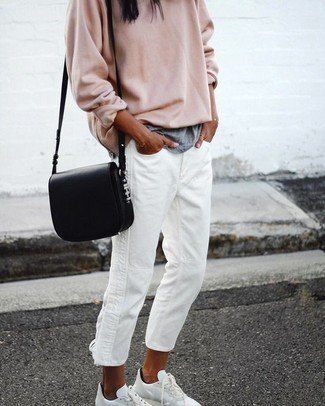blush pink chunky sweater with white boyfriend jeans