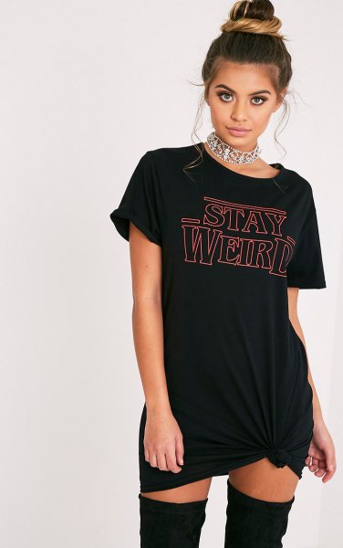 black t-shirt with oversize print as a mini dress